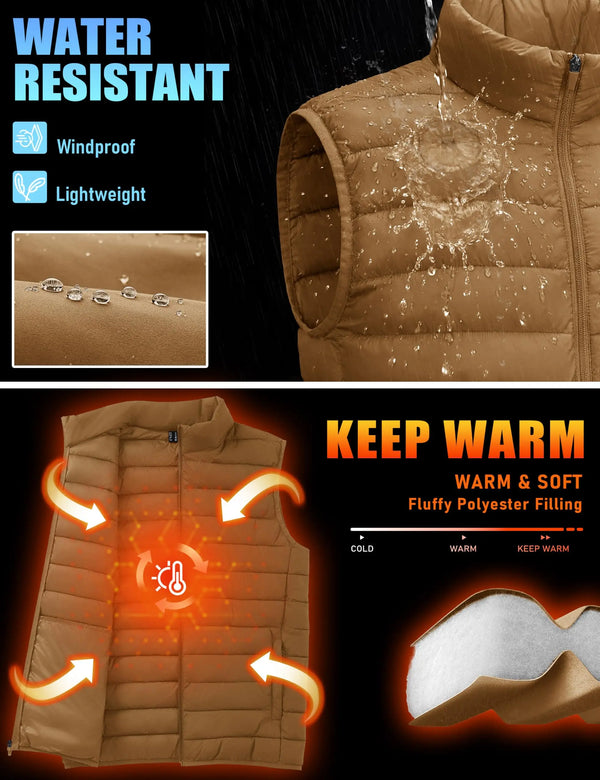 TACVASEN Men's Winter Lightweight Packable Warm Puffer Vest Nylon Waterproof Windproof Outerwear with 4 Zipper Pocket for Hiking