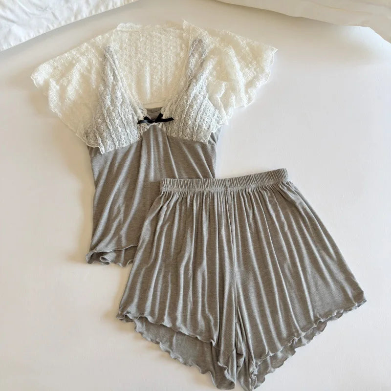 Thin Summer New Pajama Set Woman Nightwear Elegant Short Sleeve Two-Piece Homewear Chest Pads Sleepwear Women's Home Clothes