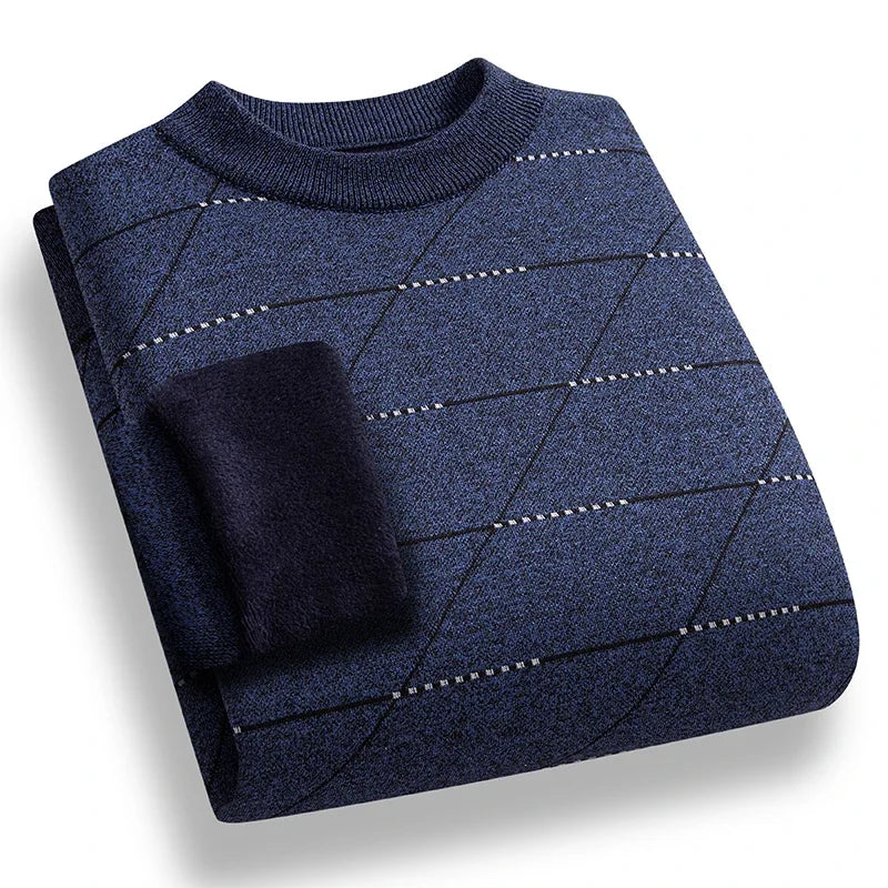 Cold Weather Men Knit Pullover Thick Plush Interior Diagonal Grid Print Design Everyday Casual Long Sleeve Warm Jumper