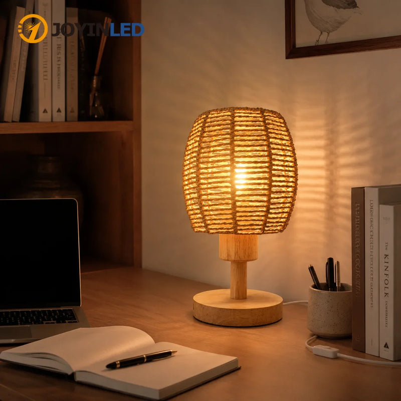 JOYINLED ED Bedside Lamp, Handwoven Rope Lampshade, E27 Solid Wood Base, Boho Decorative Lamp for Bedroom, Living Room, Hotel