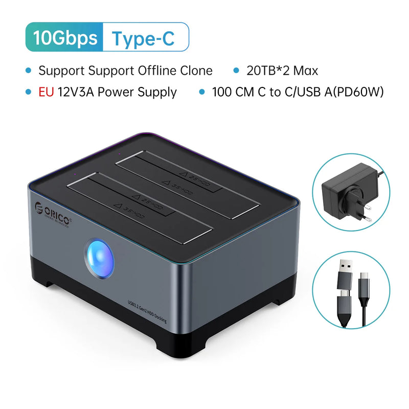 ORICO-Dual-Bay Docking Station, Type-C, 5Gbps, 2.5 ", 3.5" HDD, SSD, 12V, 3A Power, UASP Container Design 10Gbps type-c cable