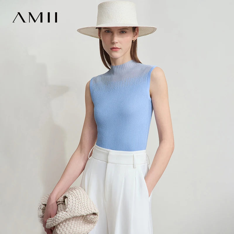 អាវក្រៅ Amii សម្រាប់នារី រចនាបែប Minimalist រដូវក្ដៅថ្មី ពណ៌រឹង ក ដៃខ្លី ស្លីម រាងកោងពីរជាន់ ប៉ាក់ដោយអំបោះ 12542249