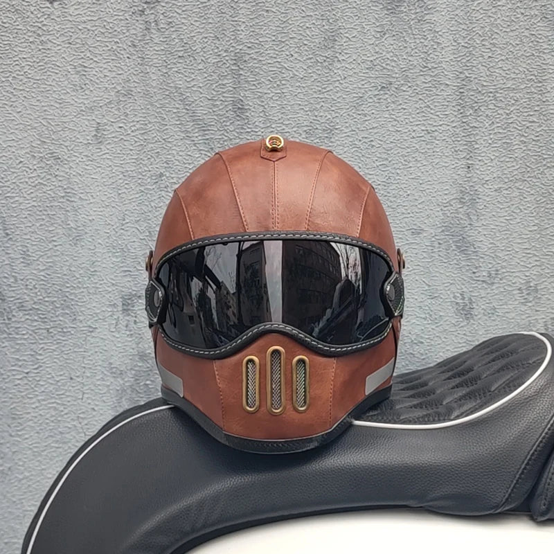 Retro ORZ helmet, fiberglass full face helmet, caf é racing driver, lightweight shell, motorcycle helmet, retro leather