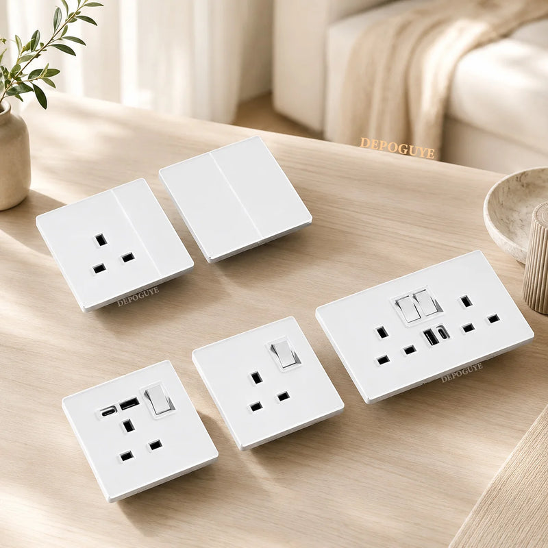 Luxury Skin Feeling Glass Wall Light Switch Button White UK Plug 13A Universal Wall 18W Type-C Fast Charging Socket