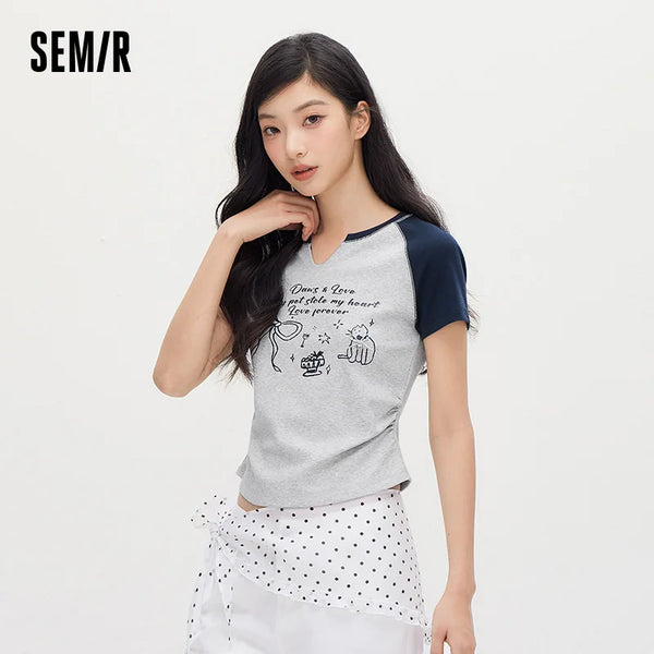 អាវយឺត Semir សម្រាប់នារី ដៃខ្លីបោះពុម្ព ស្លីម រ៉ូហ្គែន ទាន់សម័យ រដូវក្តៅ ឆ្នាំ២០២៦ ម៉ូដធម្មតា ស្រួលពាក់