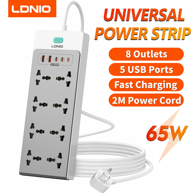 បន្ទះ ភ្លើង LDNIO 65W 13-in-1 ការពារ ការ ឡើង កម្ដៅ ខ្សែ បន្ថែម 2 ម៉ែត្រ រន្ធ ដោត ជា សកល EU KR UK US ដោត USB C ស្ថានីយ សាក ថ្ម លឿន