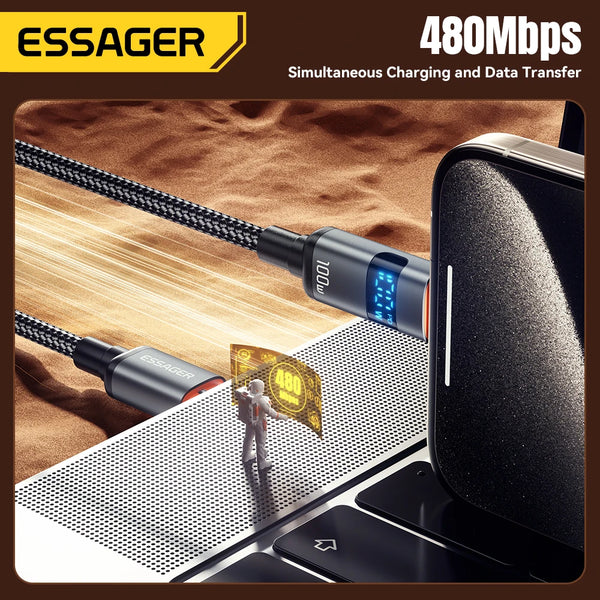 ខ្សែសាក Essager 100W ប្រភេទ C ទៅប្រភេទ C 5A PD សាកលឿន USB C ទៅ USB C សម្រាប់អេក្រង់ Macbook Laptop iPad Xiaomi iPhone 16 15