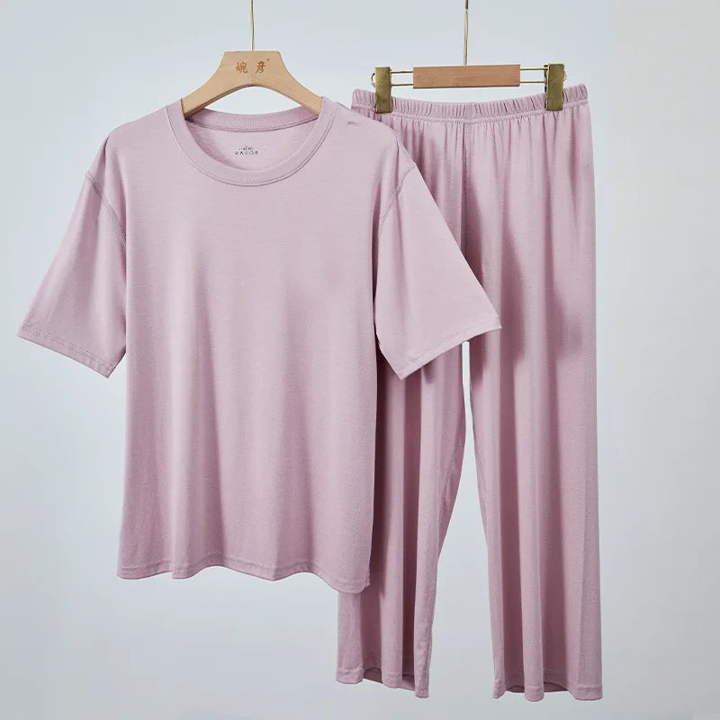Pijama Mujer New Large Size Modal Short Sleeve Nine Point Pant Suit Casual Loose Nightwear Pajamas Women Sleeping Clothes