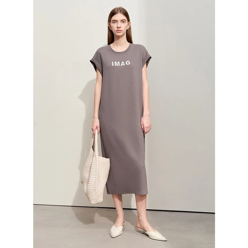 Amii Minimalism 2026 Dresses for Women Summer New Casual O-Neck Short-sleeve Midi Straight Beaded Embroidery Dress Lady 12442004