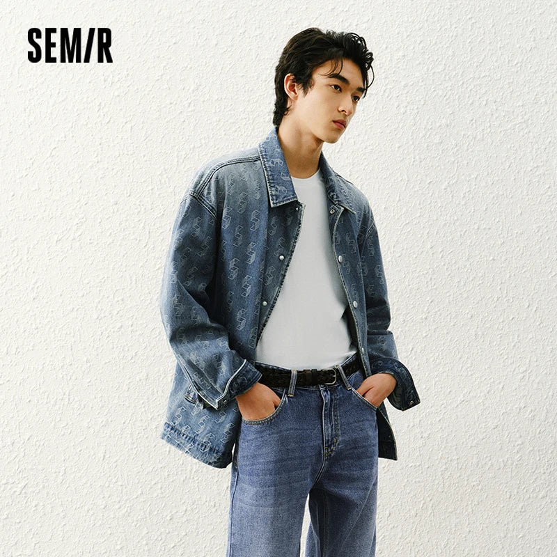 Semir Textured Jacket Men Spring Jacquard Denim Vintage Washed Loose Casual Fashion Personality Stylish Top