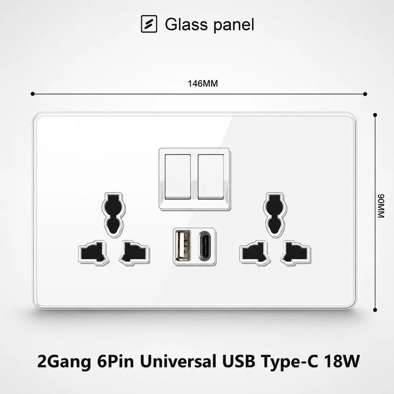 White Tempered Glass 2Way Wall Light Switch, UK Wall 18W Type-C Fast Charging USB Socket, Universal Electrical Outlet Plug 220V