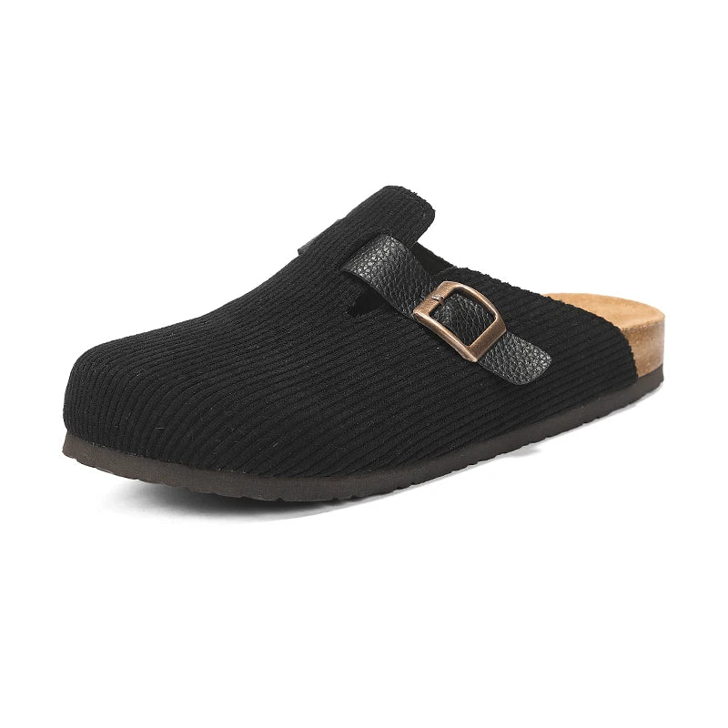 Men Women Corduroy Clogs, Adjustable Buckle Cork Footbed Mules, Closed-Toe Comfort Slip-On Shoes for Indoor & Outdoor