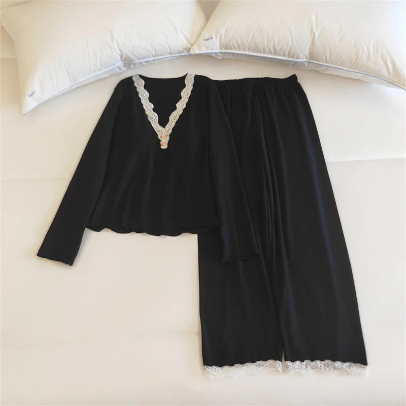 2 Pieces V-neck Women’s Loungewear Chest Pads Sleepwear Women Nightwear Autumn New Long Sleeve Pajamas Set Elegant Loungewear