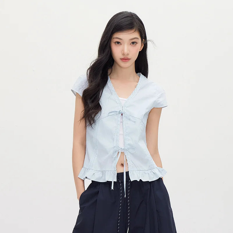 Semir Women Shirt Short Length V Neck Bow Cotton Slim Fit Sweet Cute Casual Top 2026 Summer Fashion Daily Wear