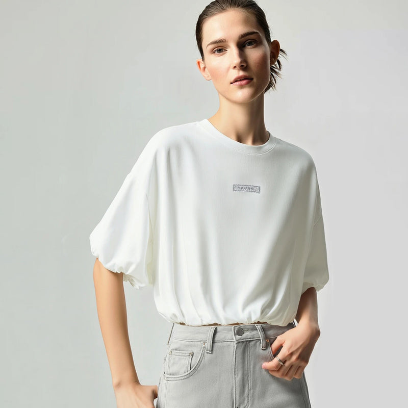 Amii Short Sleeve Tee 2026 Summer New Round Neck Drop Shoulder Cotton Top Loose Fit Embroidered Short T-Shirt For Women 12652005