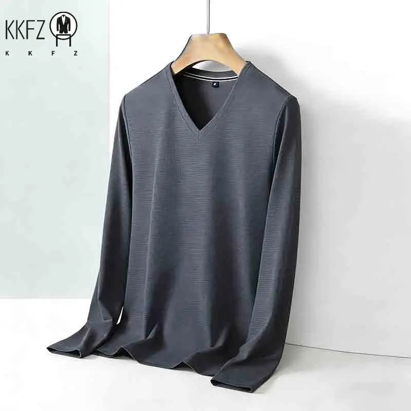 2026 New Men's Brown V-neck Long Sleeve Shirt Casual Business Commute Top for Office