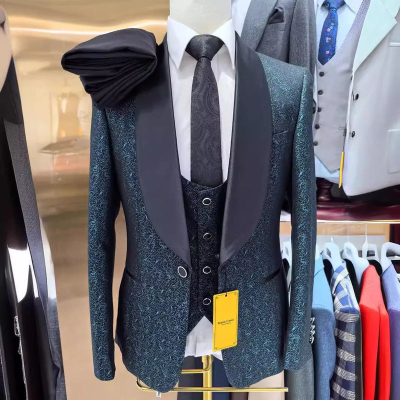 Men’s White Sequin & Crystal Embroidered Shawl Collar Blazer + Vest + Black Slim Fit Trousers - Dazzling Formal Suit Set