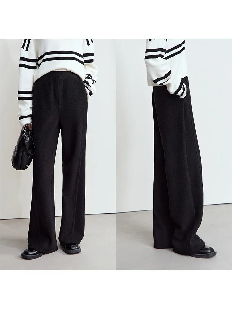 AMII Minimalist False Placket Rear Rubber Band Waist Casual Trousers 2026 Winter Women's Suede Wide-leg Trousers Pants 12444074