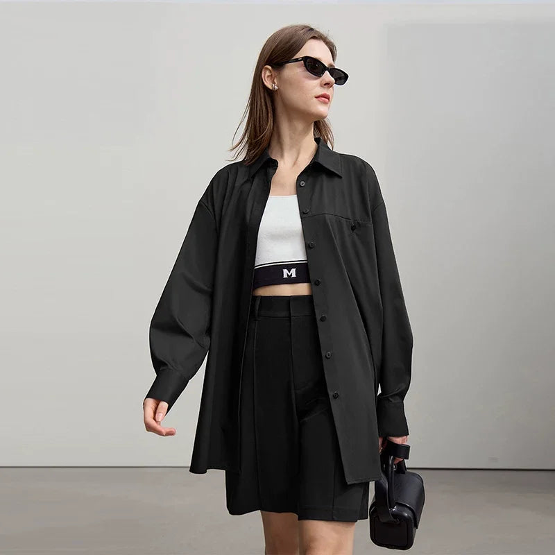 Amii Women's Autumn Casual Shirt 2026 New Lapel Single Breasted Blouse Top Drop Shoulder Sleeve Medium And Long Shirt 12621018