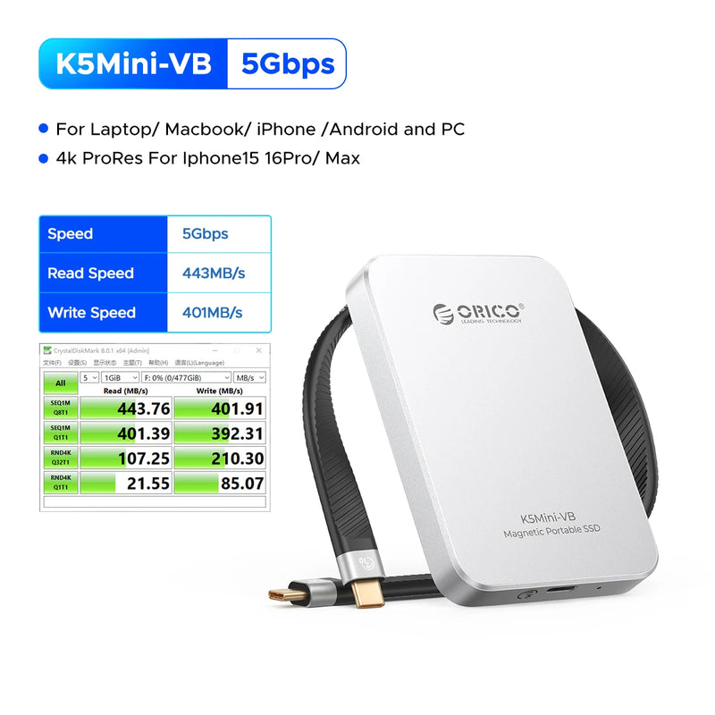 ORICO 560MB/S Portable SSD USB3.2 PSSD 480GB External SSD for iPhone 17 16Pro/Max ProRes 4K ProRes K5MINI-VB