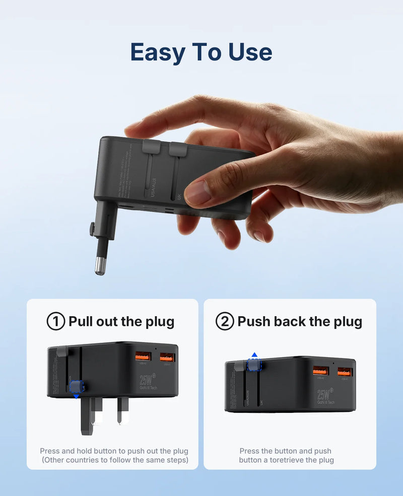 ORICO Ultra-Thin GaN 25W Universal International Travel Power Adapter with AC Outlets 4 USB Charging Ports Wall Plug US EU UK AU