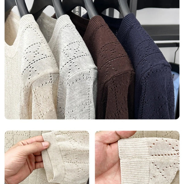 Men's Linen Blend Short Sleeve Sweater | Lightweight Breathable Hollow Out Knit | Summer Crew Neck Cool T-Shirt Top