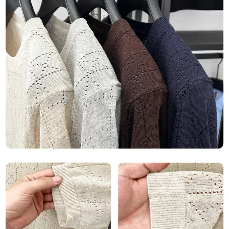 Men's Linen Blend Short Sleeve Sweater | Lightweight Breathable Hollow Out Knit | Summer Crew Neck Cool T-Shirt Top