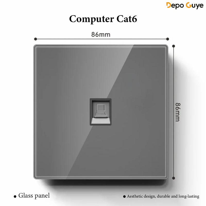 Grey Tempered Glass UK Standard 13A Wall Switch Socket with LED USB Type-C TV CAT6 Data Outlet British Electrical Wall Panel