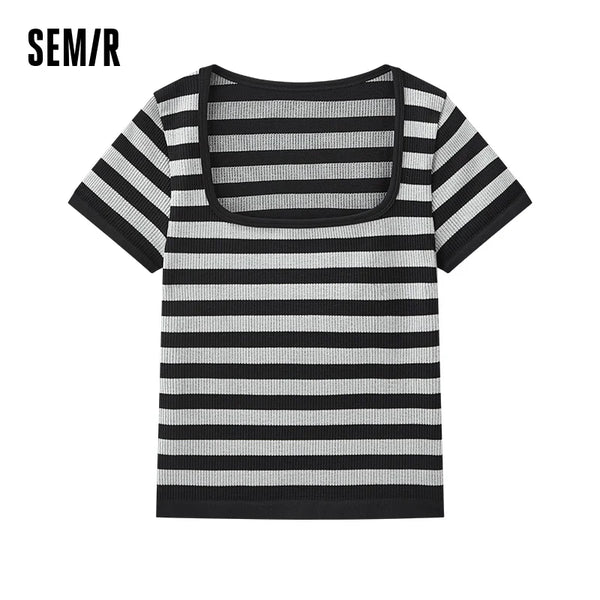 Semir Bottoming Shirt Women Stylish Vintage Striped Short Sleeve T-Shirt Round Neck Inner Layer Spring Top Slim Fit Slimming
