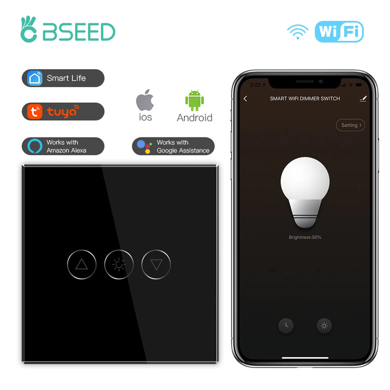BSEED Wifi Dimmer Switch Smart Dimmable Touch Switch With EU Socket Glass Panel Support Tuya Smart Life Google Home Control