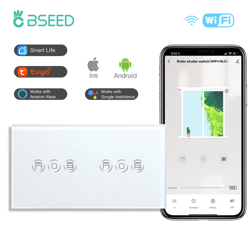 BSEED Wifi Smart Shutter Switch Wireless Double Blind Switch Crystal Panel Touch Switches Work With Smart Life Tuya Alexa App