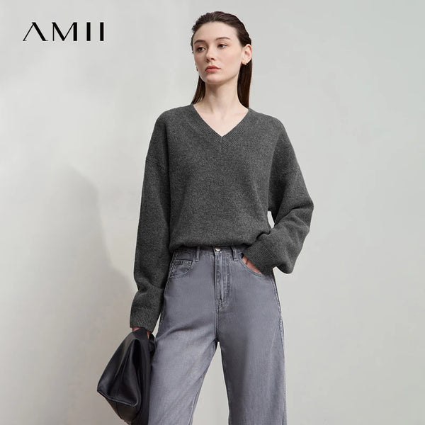AMII Women's Sweater 2026 Autumn New Casual V-neck Knitted Women's Clothing Long Sleeve Loose Versatile Basic Top Female12553039