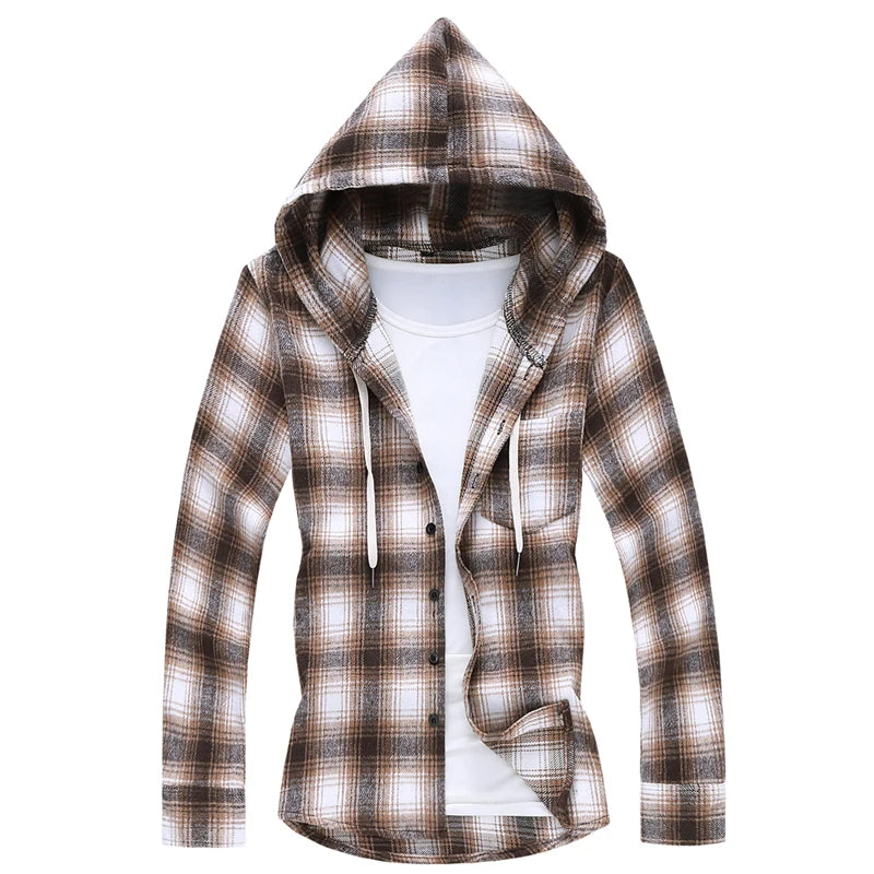 2026 New Men's White Plaid Hooded Shirt, Single Breasted, Long Sleeve Shirts, Black Fashion, Casual Tops