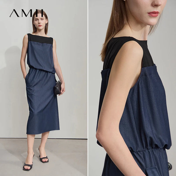 រ៉ូប AMII Comfort Vented ដៃខ្លី ពណ៌ចម្រុះ រដូវក្តៅ ឆ្នាំ២០២៥ សម្រាប់នារីការិយាល័យ ចង្កេះរាបស្មើ លំនាំប៉ាក់ រ៉ូបរលុង សម្រាប់នារី 12552024