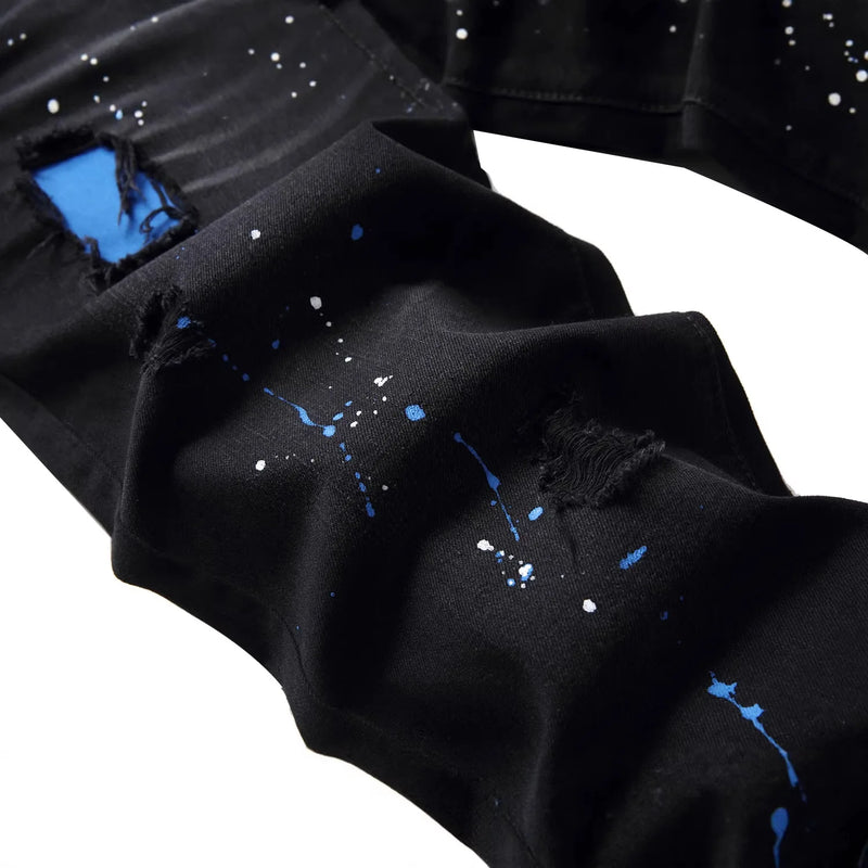 New Fall Collection of Men's Black Jeans with Distressed Details, Made From Stretch Denim, in Asian Sizes.
