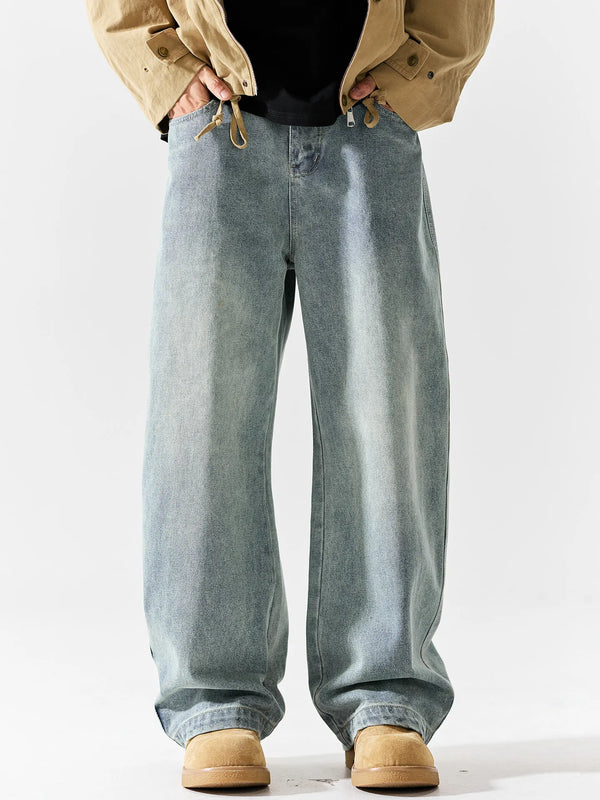 DUKEEN Men's Heavyweight Vintage Washed Denim Jeans Loose Fit Straight Wide Leg Casual Streetwear