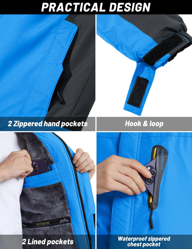 TACVASEN Winter Heavyweight Fleece Lined Parka Waterproof Men Ski Snowboard Jackets Windproof Removable Hoodie Coats Windbreaker