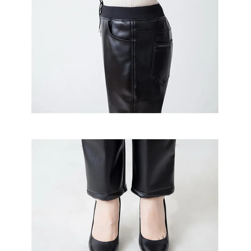 2026 Spring Women's Black PU Straight Pants, Fashion Casual Trousers Women, Asian Size Winter Padded Models Can Be Selected