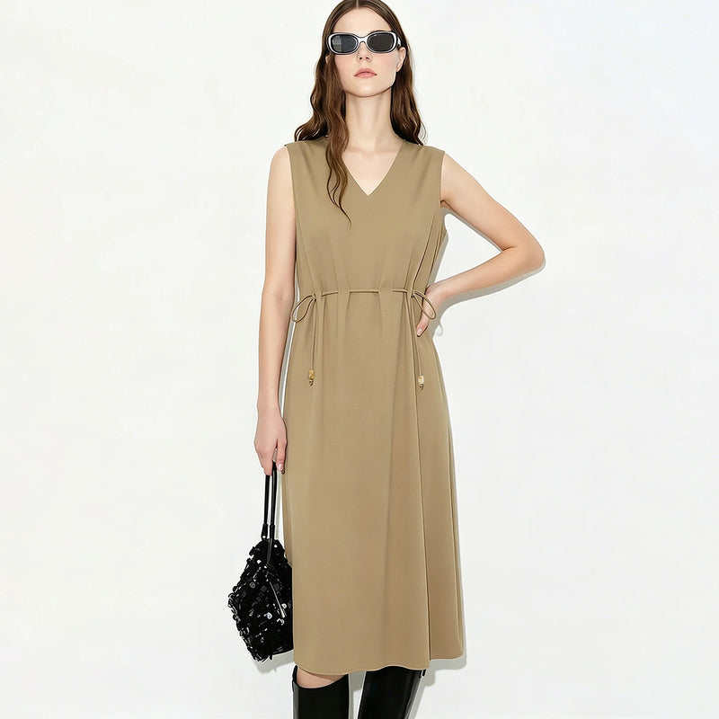 Amii V Neck Women's Dress 2026 Summer New Sleeveless Loose Drawstring Simple Office Casual A-Line Midi Dress For Women 12642155