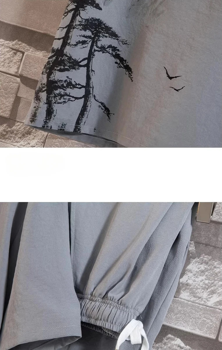 Chinese-style Men's Blue Two-piece Set: A Summer Short-sleeve Pullover Shirt Paired with Knee-length Shorts, Asian Sizes M-4XL.