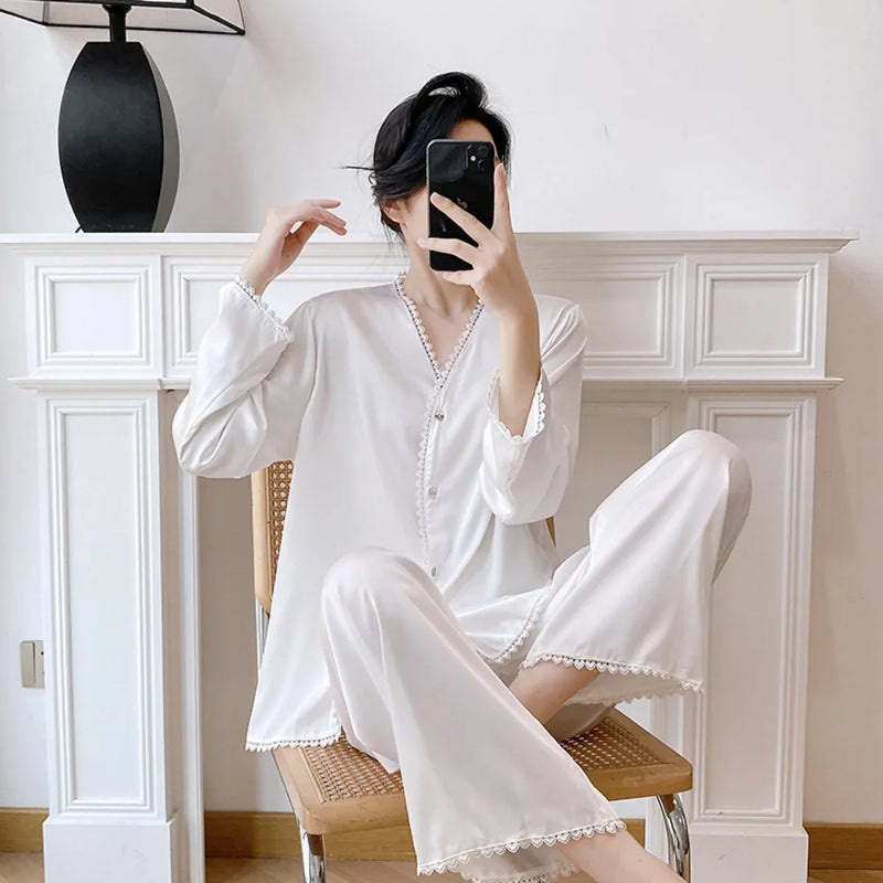 Night Wear Ladies Pajamas Nightwear for Woman Spring Autumn Long Sleeve Sleep Tops with Pants Sleepwear Women's 2-piece Sets