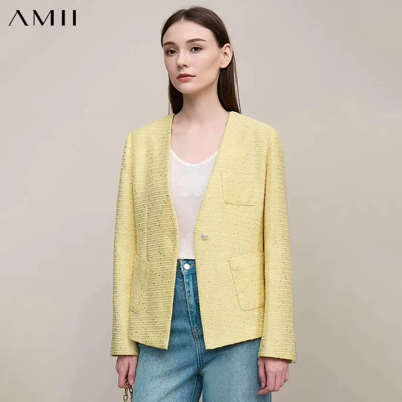 អាវធំ Amii សម្រាប់នារី រដូវស្លឹកឈើជ្រុះ ឆ្នាំ២០២៦ អាវធំថ្មី ឆើតឆាយ ងាយស្រួលប្រើ ភ្លឺរលោង ក V អាវធំដៃវែងសម្រាប់នារី ប៊ូតុងតែមួយ 12641057