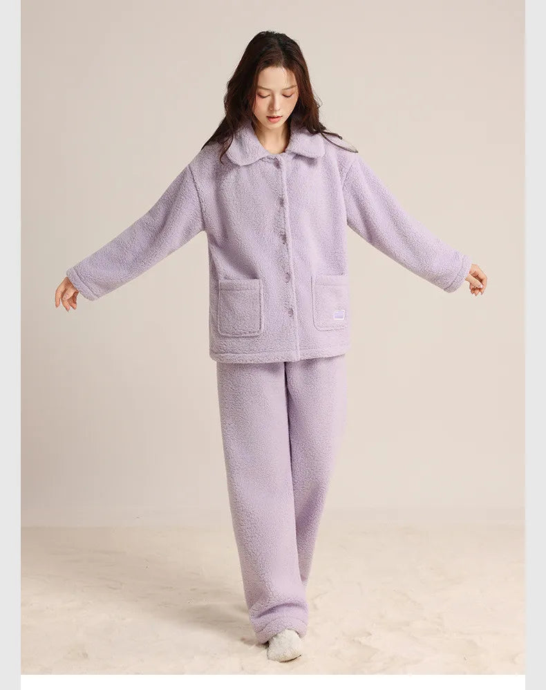 ឈុតគេងរដូវរងារោមចៀម Coral Fleece ក្រាស់សម្រាប់ស្ត្រី ឈុតគេងនៅផ្ទះធម្មតាសម្រាប់ពាក់នៅខាងក្រៅ ឈុតគេងរលុង ឈុតគេងសម្រាប់រដូវរងា