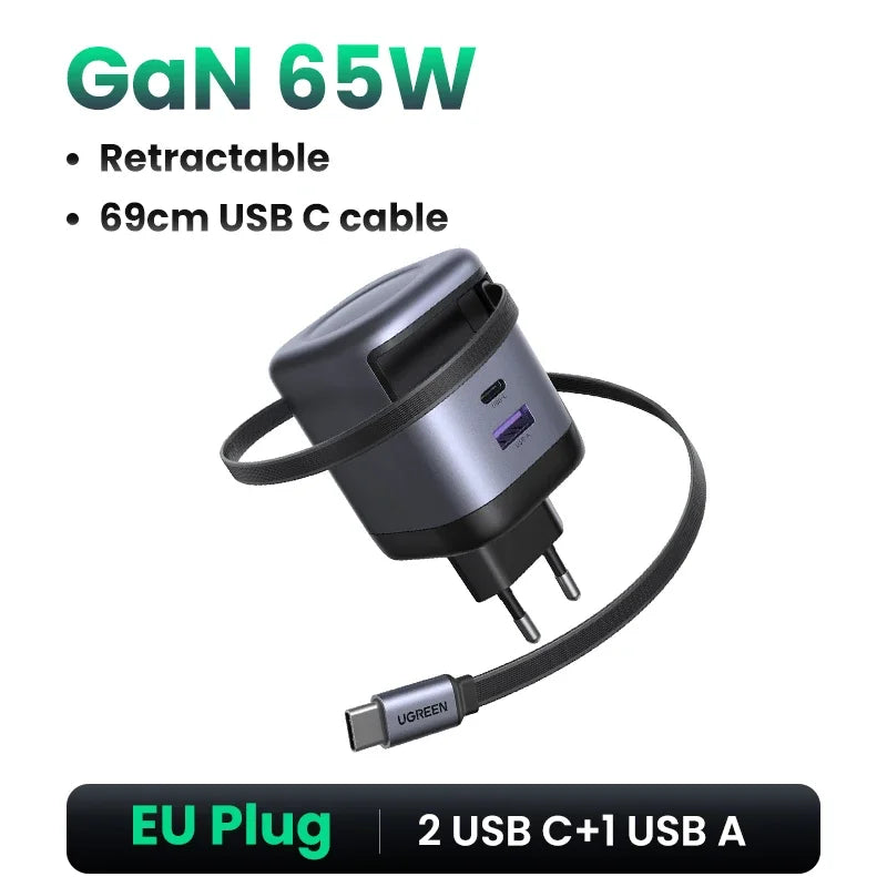 UGREEN 65W GaN Charger With Retractable USB C Cable For iPhone 18 17 Pro Samsung Xiaomi Laptop Macbook Tablet PD Fast Charger