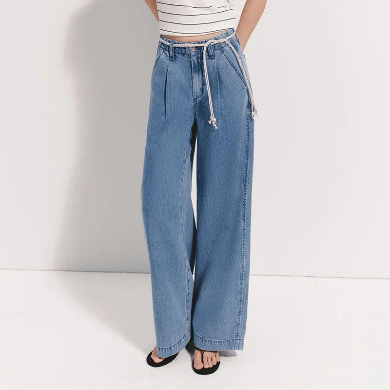 Semir Women Jeans Soft Cool Belted Loose Wide Leg Denim Pants 2026 Summer Casual Daily