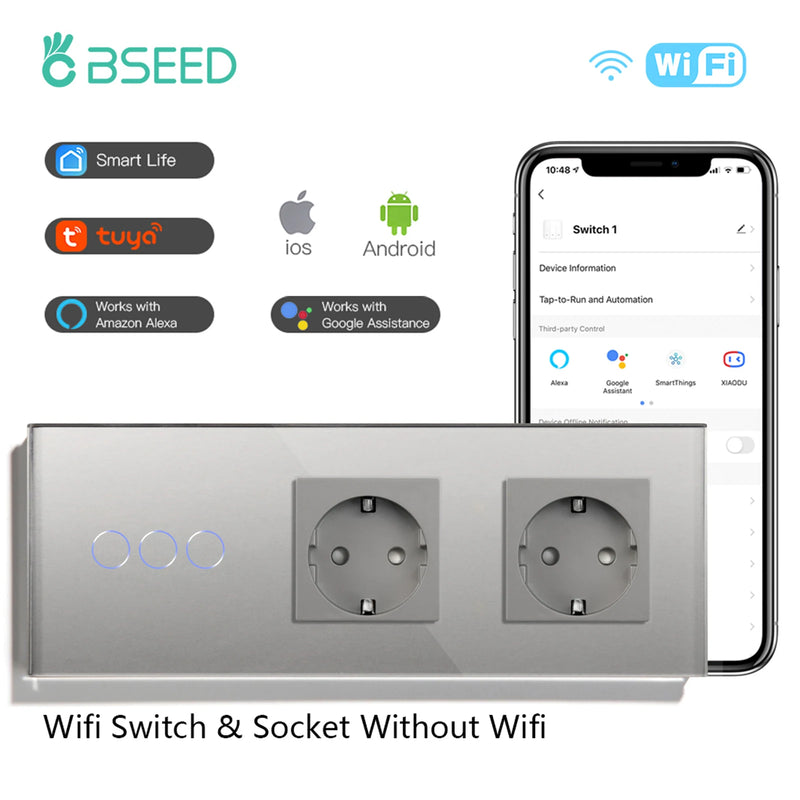 BSEED Wifi Light Switches Smart Wall Switch 1/2/3Gang 1/2/3/4Way Touch Sensor Switch With Normal Socket Support Tuya Smart Life
