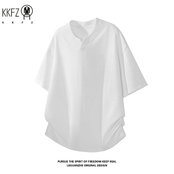 Mens Wrinkle Textured Short Sleeve Top Notched Collar Oversized Cutting Suitable For Vacation Dating And Casual Scenes