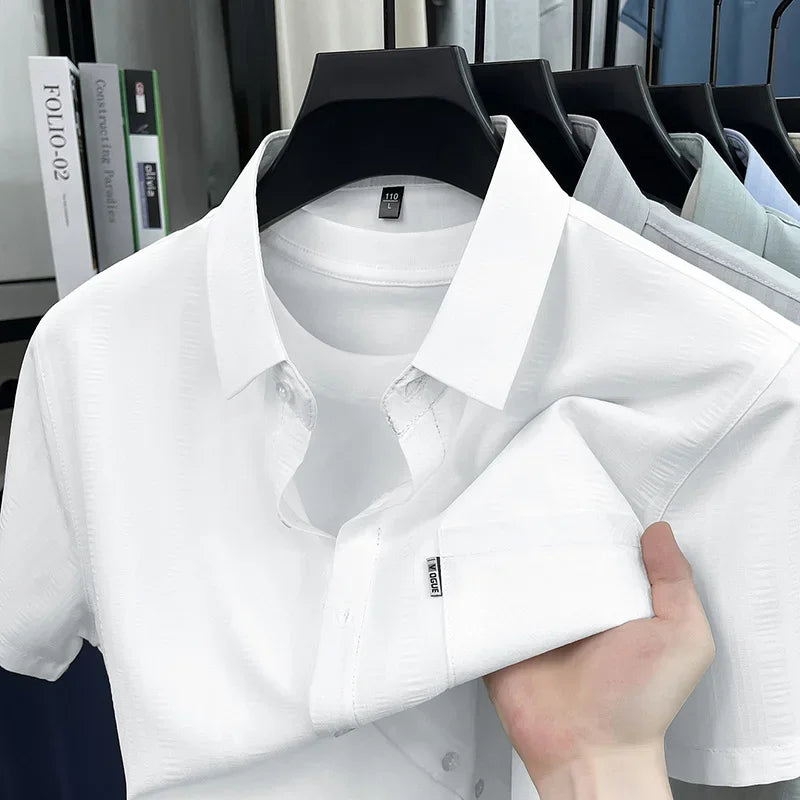 Mens Short Sleeve Shirt Casual Regular Fit Button Up Lapel Collar With Pocket Soft Breathable For Business Weekend Wear