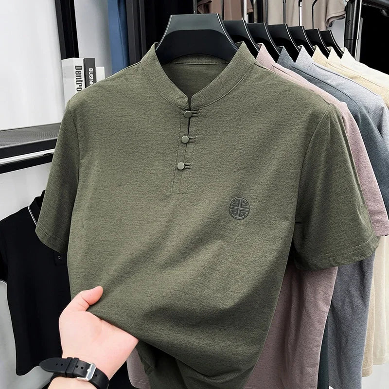 Men Summer Chinese Style Short Sleeve T Shirt Mandarin Collar Frog Button Embroidered Casual Breathable Tee