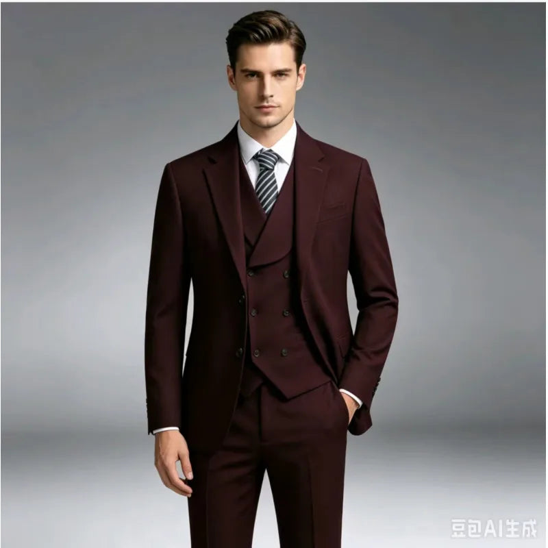 2027 New Men's Three-Piece Suit Set; Asian Sizes, Slim Fit, Available in Black and Burgundy. Business Wedding Party Attire.
